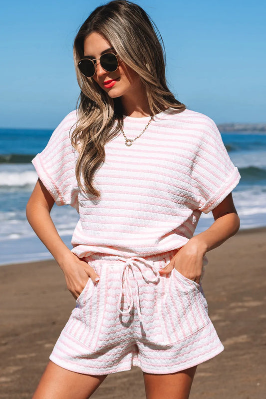 Striped Knit Short Sleeve Co-ord with Drawstring Shorts