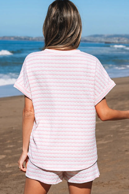 Striped Knit Short Sleeve Co-ord with Drawstring Shorts