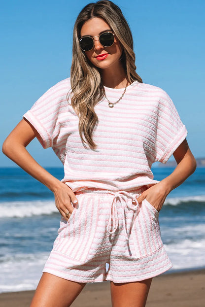 Striped Knit Short Sleeve Co-ord with Drawstring Shorts