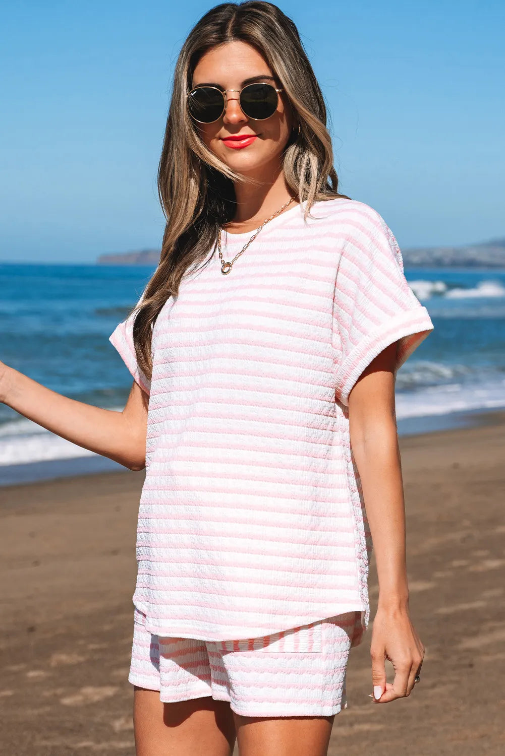 Striped Knit Short Sleeve Co-ord with Drawstring Shorts